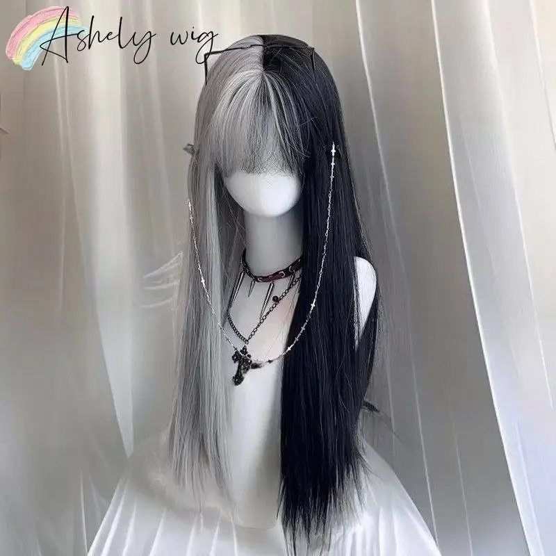 

Синтетический парик Ashely Half Black Gray с челкой, 26 дюймов, длинный, прямой, из термостойких волокон, в стиле Лолита, для Дня всех святых