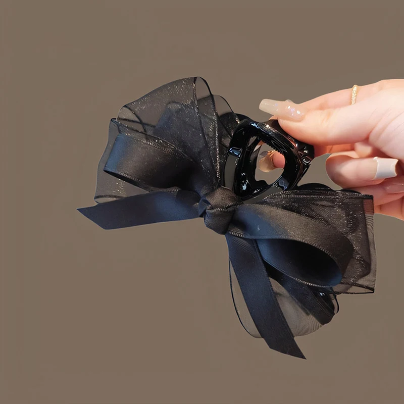 New Black Mesh Bow Hair Claws Clip Large Shark Claw Hair Clips Bowknot Hairpin Barrettes For Ponytail Women Hair Accessories