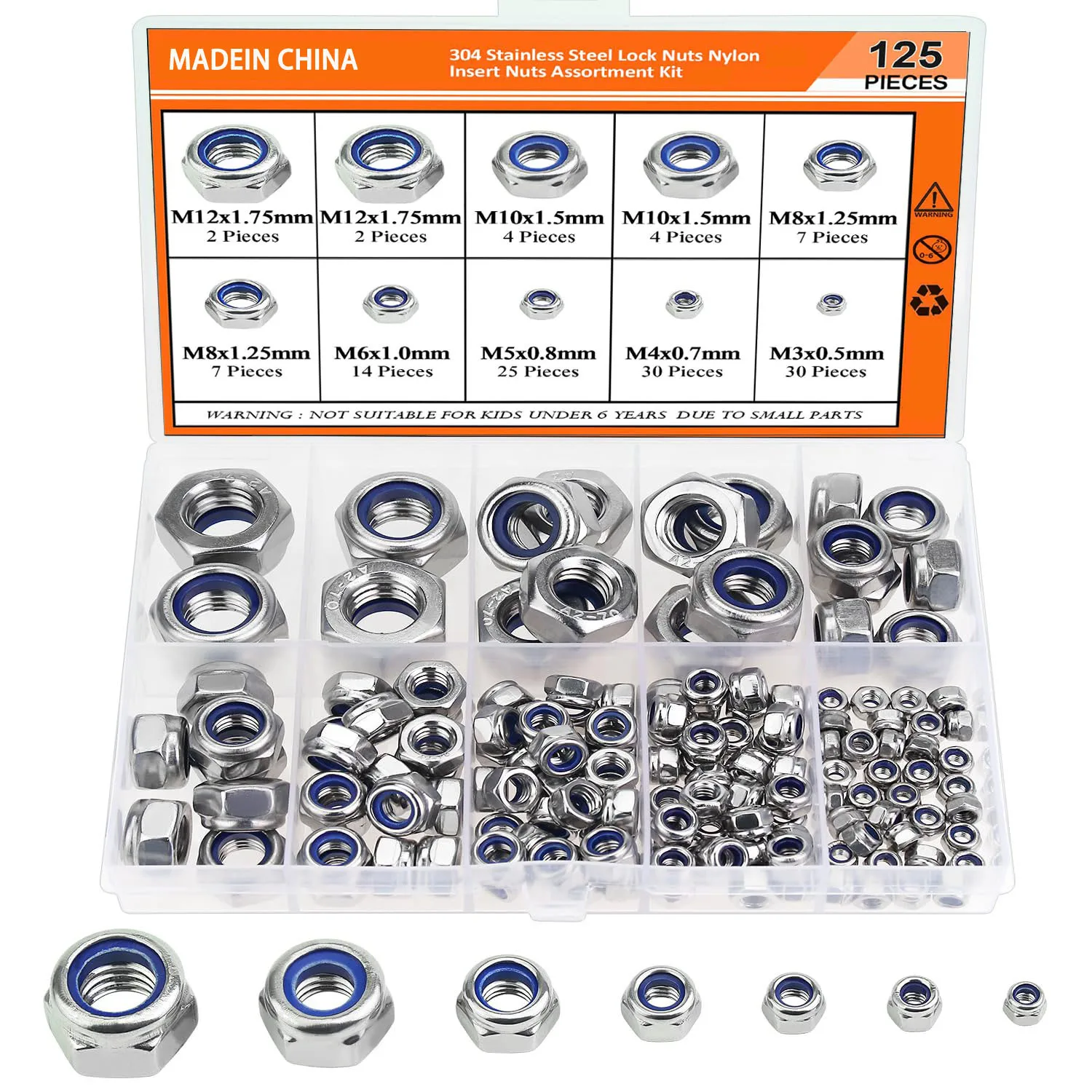 125pcs Nylon Hex Lock Nut Set 304 Stainless Steel Locknut M3 M4 M5 M6 M8 M10 M12 Hexagonal Self Nylon locking Nut Assortment Kit