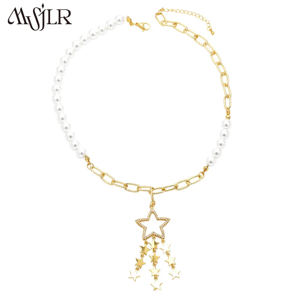 MVN-049 2023 Advanced Design Style Pearl Necklace Girl Pendant Necklace Star Shape Trend  Jewelry Gold Plated Necklace Women