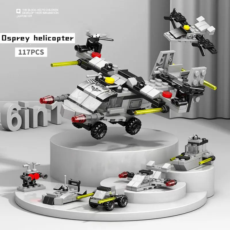 DIY 6 IN 1 Police Truck Building Blocks City Engineering Car Tank Helicopter Bricks Fire Fighting Set Toys for Children