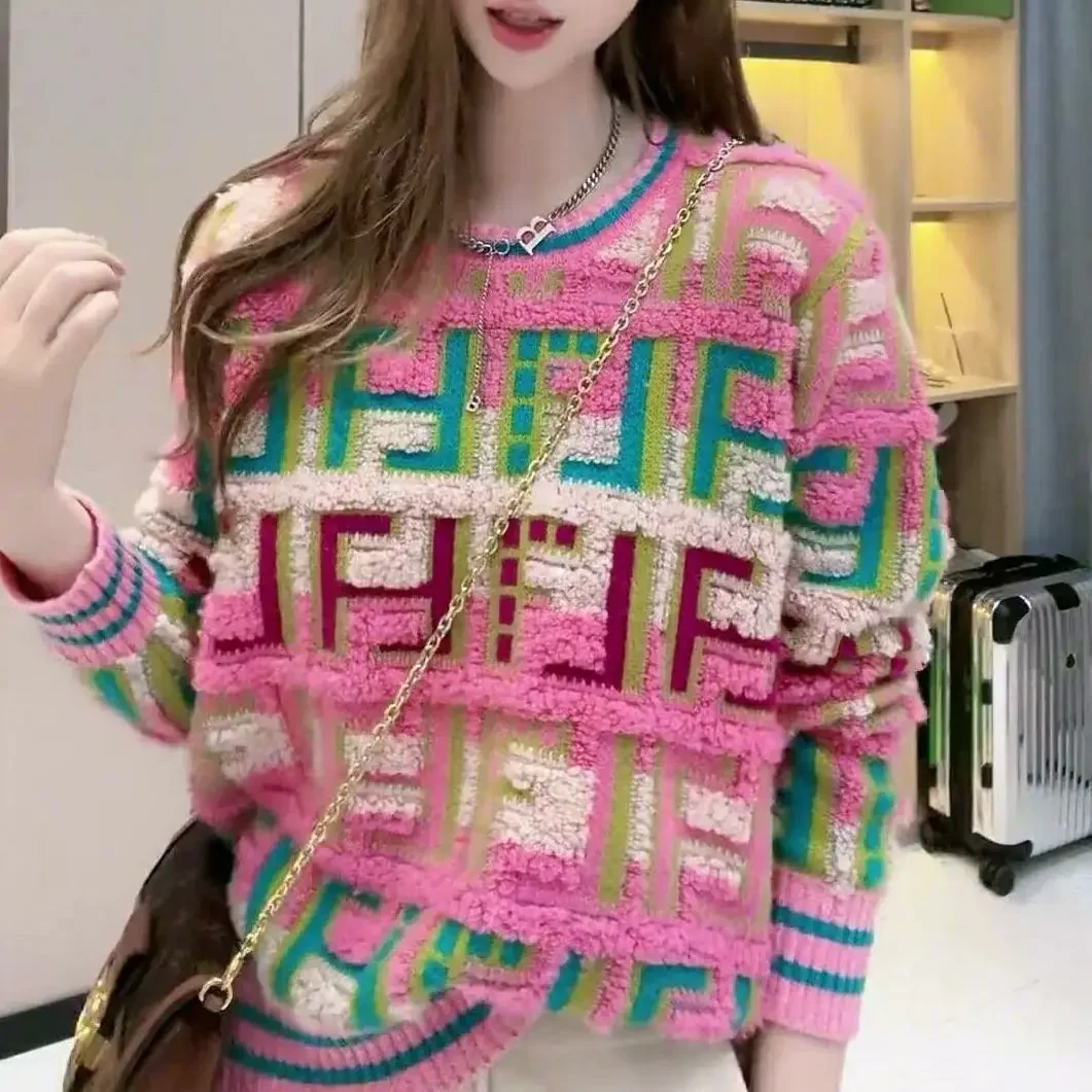 

Letter Jacquard Colorful Thick Pullover Sweater for Women Autumn Winter High Street Warm Knitted Top Fashion Women's Clothing