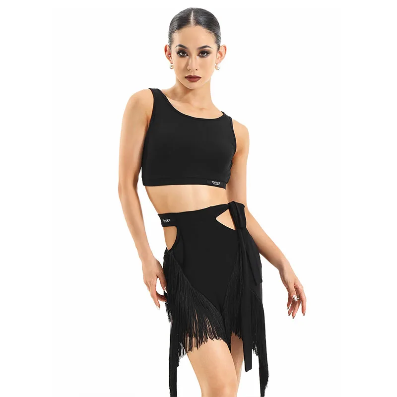 

Latin Dance Practice Clothing Cha Cha Rumba Dancing Costume Samba Competition Stage Wear Female Danc Top Black Tassel Skirt 1403