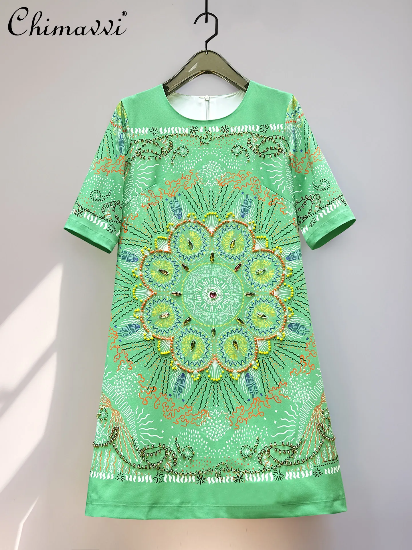 

French Vintage Bohemian Style Summer Vacation Dress Short Round Neck Sleeve Handmade Beaded Green Printed Short Dress For Women