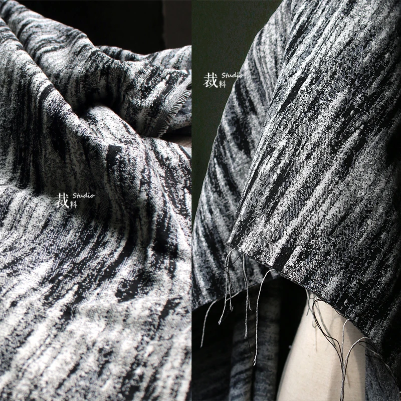 Black charcoal pattern, heavy texture,charcoal gray handwriting, double-sided jacquard designer fabric for patchwork
