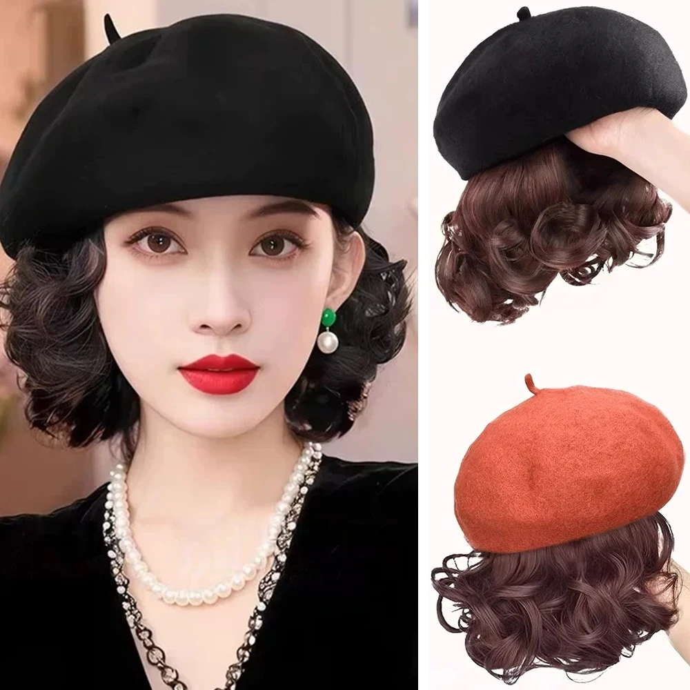 12inch Traditional French Style Wig Beret Caps Synthetic Curly Waves Short Hairpiece with Integrated Hair Extensions Winter Hats