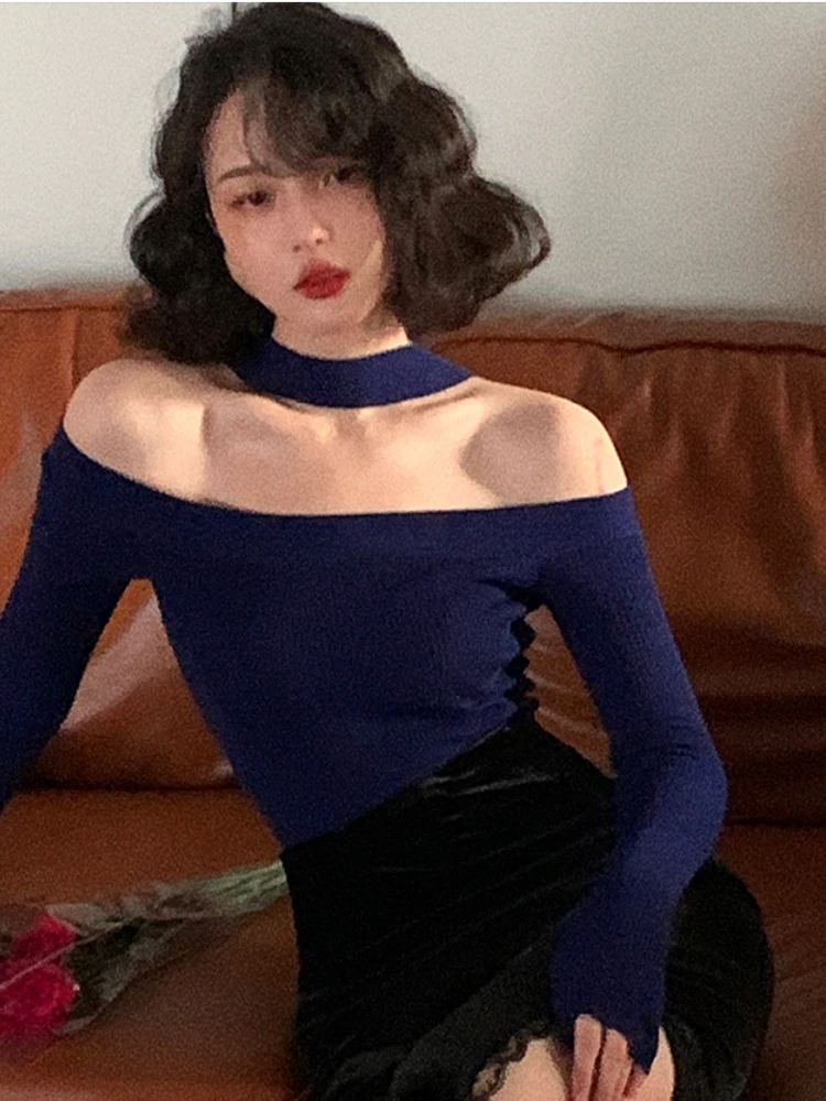 Retro Halter Off Shoulder T-shirts Women Knitting Long Sleeve Tops 3 Colors Skinny Sexy Korean Style Vintage Elegant Stylish New