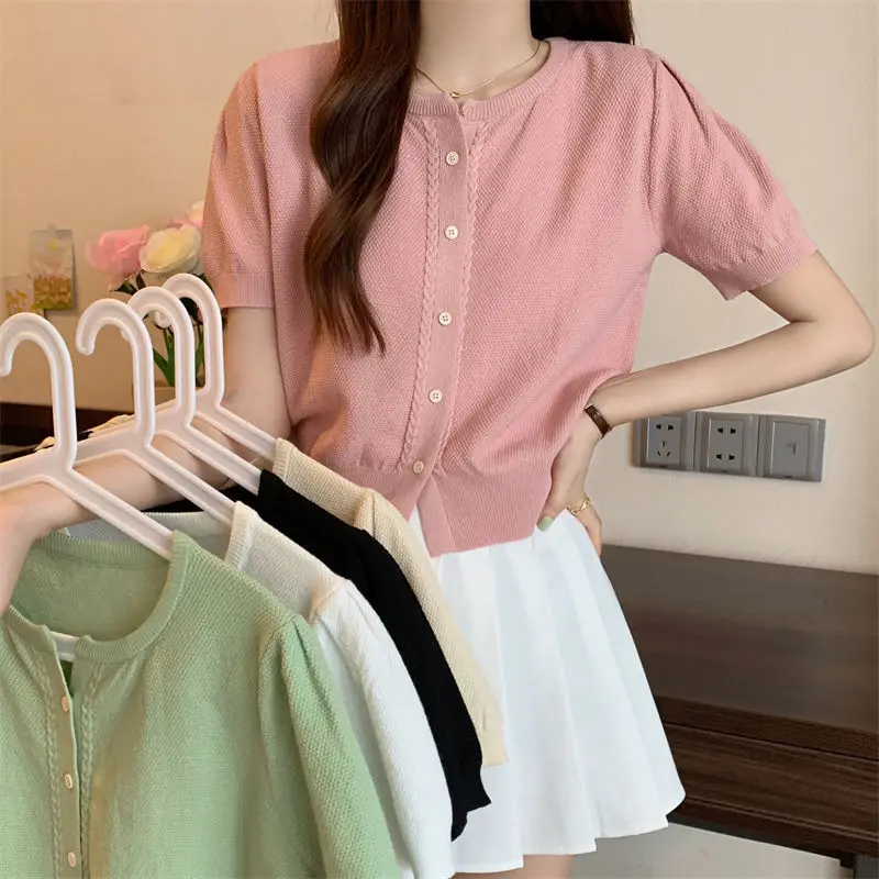 Women Short Sleeve Cardigan Slim Skinny O-neck Tee Shirt Female Sexy Tops Single Breasted All-match Knitted Vintage Crop Tops