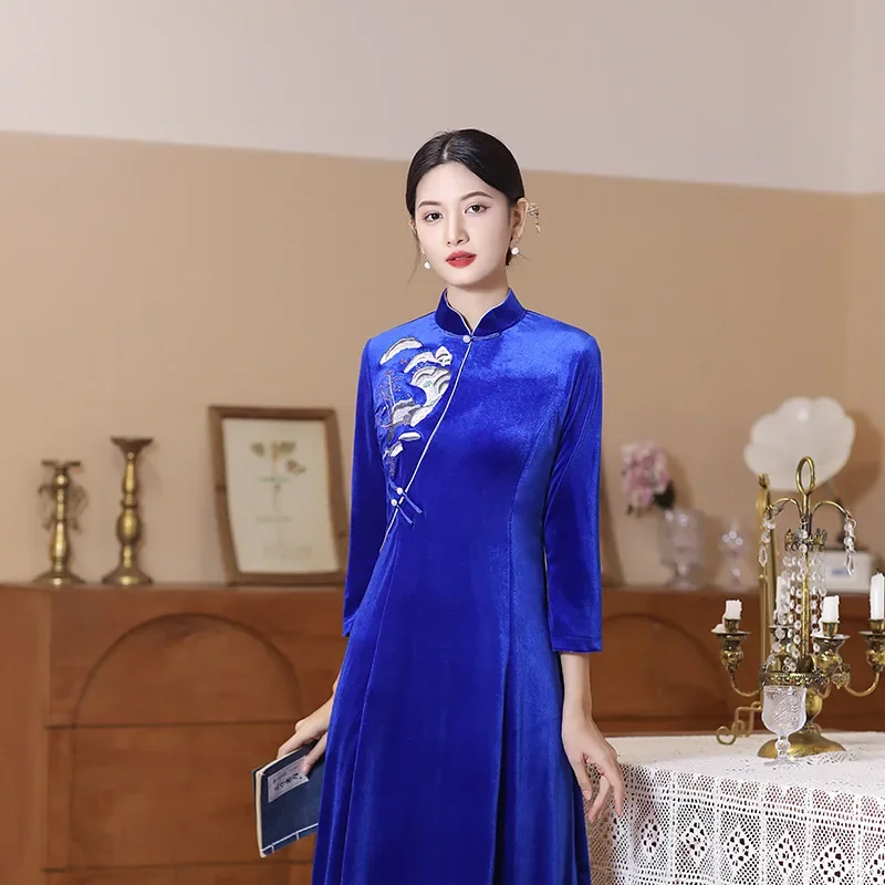 

Yourqipao Spring Autumn Velvet Long Cheongsam Chinese Style Elegant Banquet Wedding Fashion Slim Qipao Evening Dress for Women