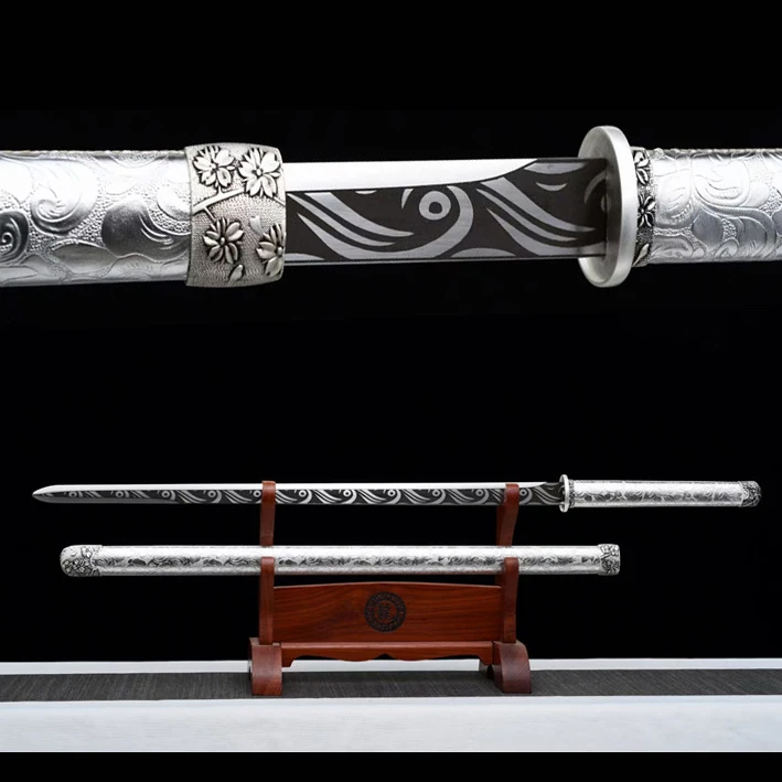 

106cm Medieval Peony Battle sword Silver Real Steel Battle ready Real Sword Hand forged weapon Sharp Samurai sword katana