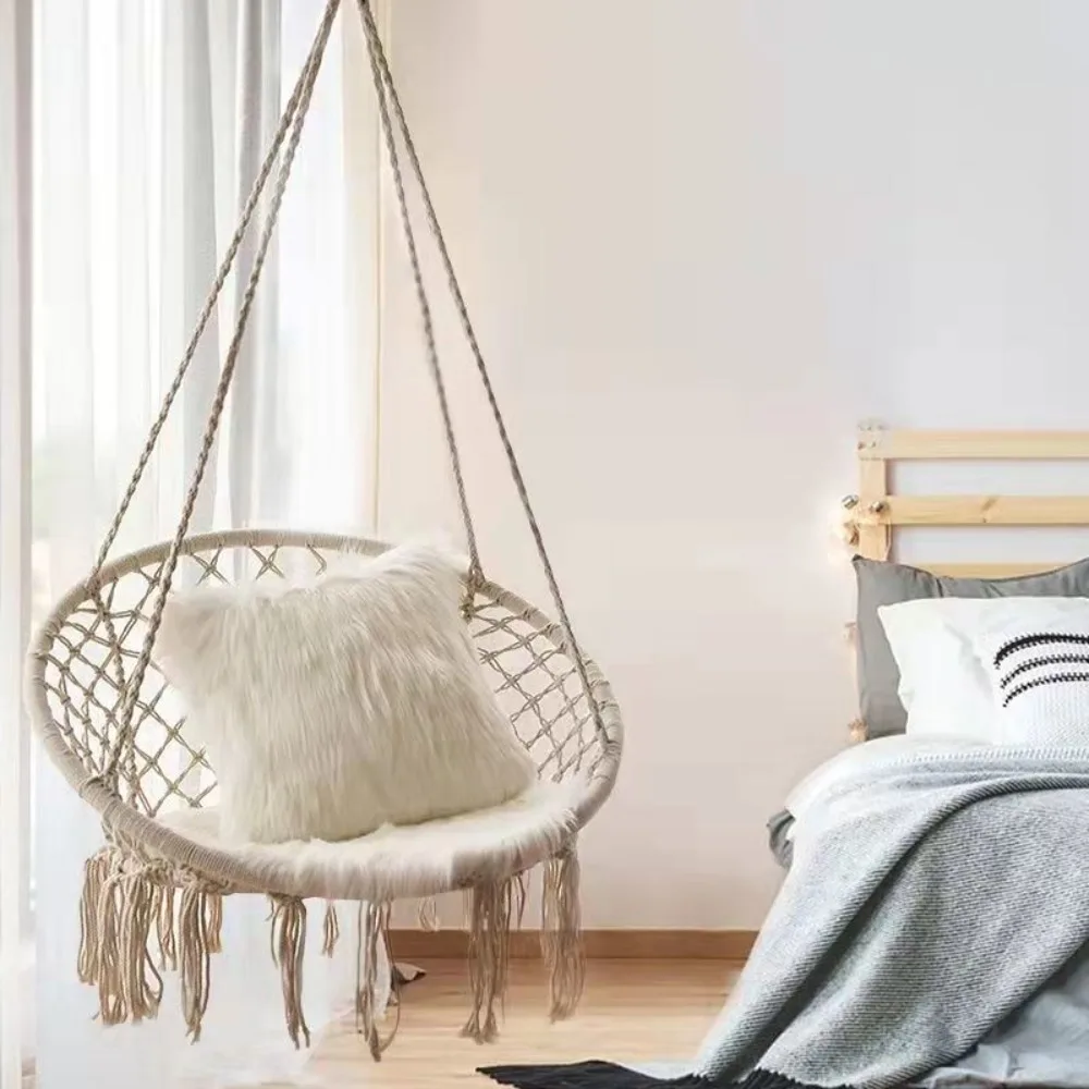 Nordic-Style Hanging Chair Hammock Tassel Decoration Knitting Outdoor Rocking Platform Weaving Basket Chair for Balcony Camping