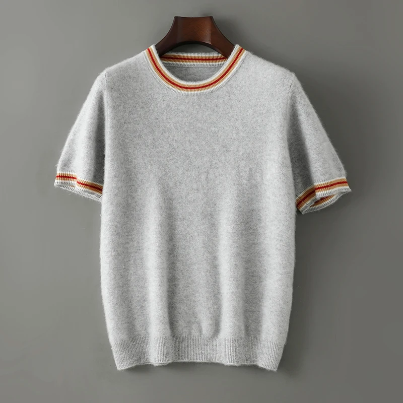 100% pure cashmere men's round neck short sleeved pullover, 2026 spring/summer new fashion knitted business casual T-shirt