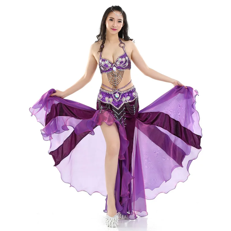 Women Sexy Belly Dance Top Beaded Belt & Skirt 3 Pieces Belly Dance Costume Outfit Set Bra & Belt Female Bollywood Dance Clothe