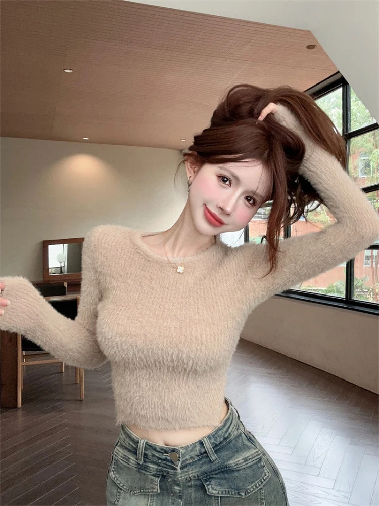 Sexy Sweaters Women Cropped Midriff-baring Solid High Street European Style Hotsweet Skinny Bandage Advanced Daily Spring Autumn