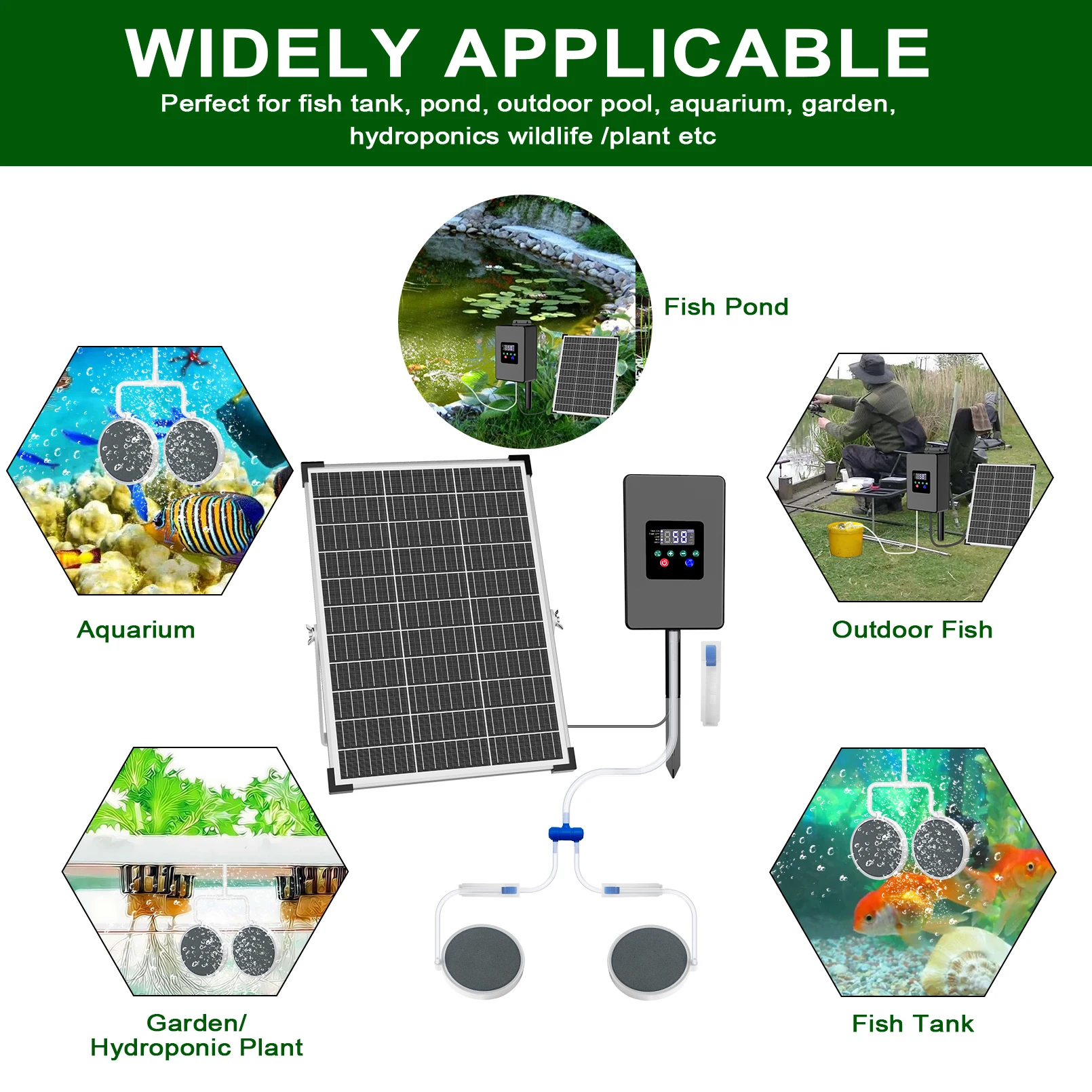 30W Solar Aerator Air Pump Battery with Air Hoses and Bubble Stones Fish Tank Pond Bubble Oxygenator