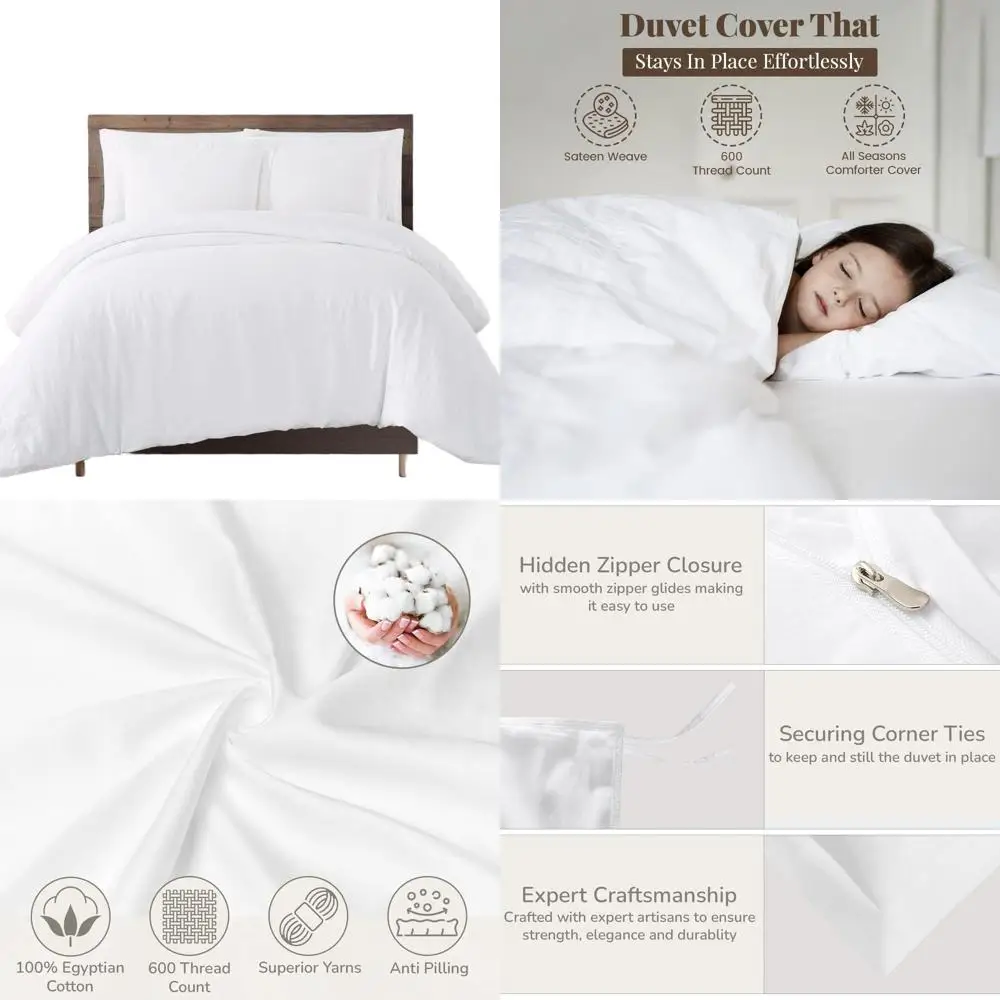 

Queen Size 100% Egyptian Cotton Duvet Cover Set - 600TC Sateen, Ultra Soft, 7 Corner Ties, Zippered, 1 Duvet Cover & 2 Shams, Wh