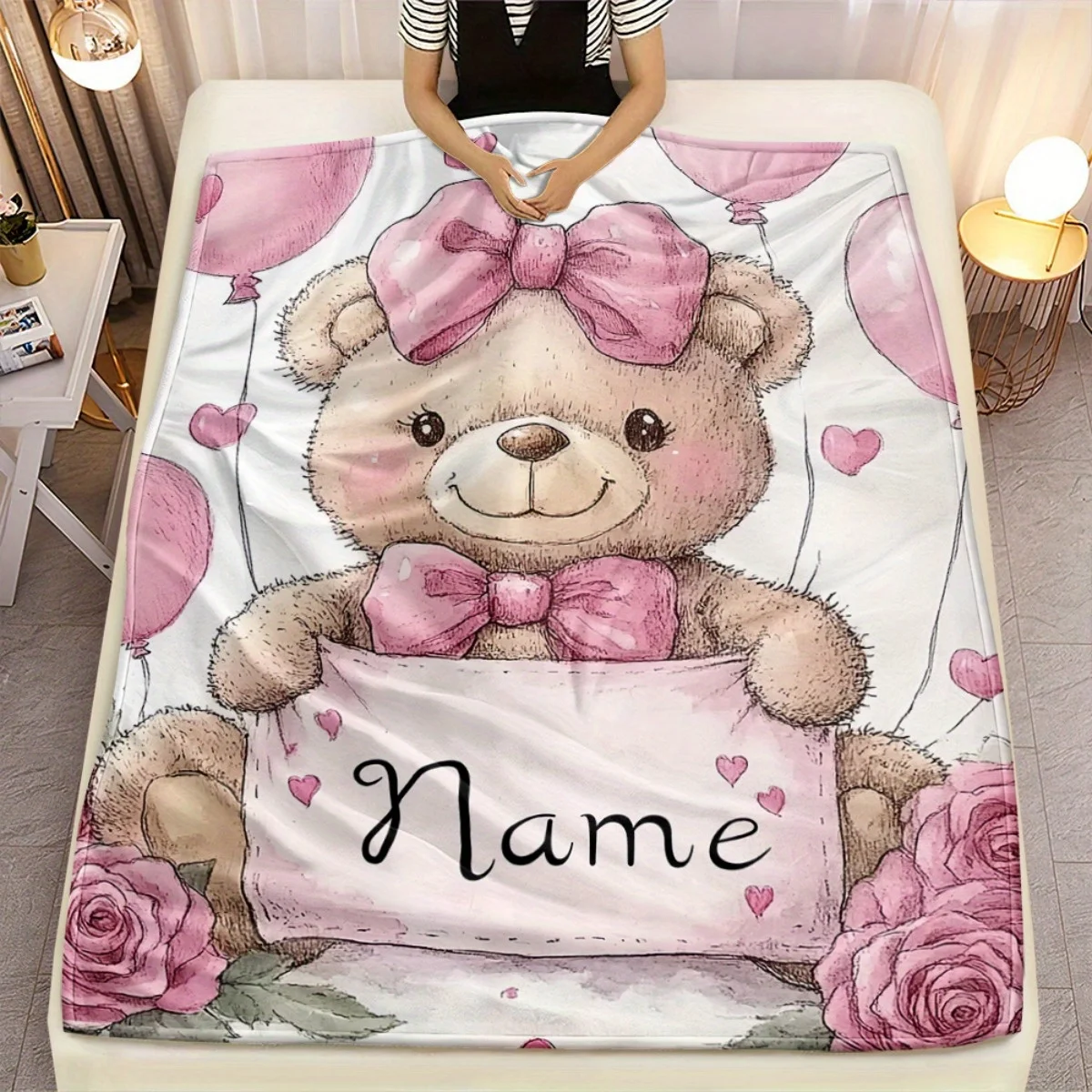 1pc Bear with a Pink Bow Portable Blanket - Lightweight Throw for Sofa, Bed, Travel, Camping, Living Room, Office, Couch, Chair