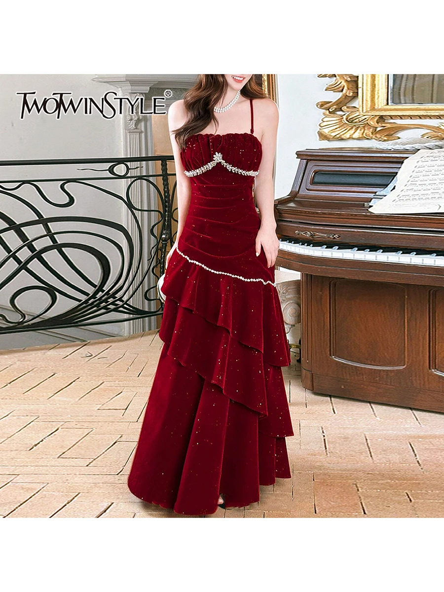 

Платья TWOTWINSTYLE с пэчворком и стразами для женщин, без бретелек, без рукавов, с высокой талией, однотонные, с драпировкой, длинные, модная женская одежда