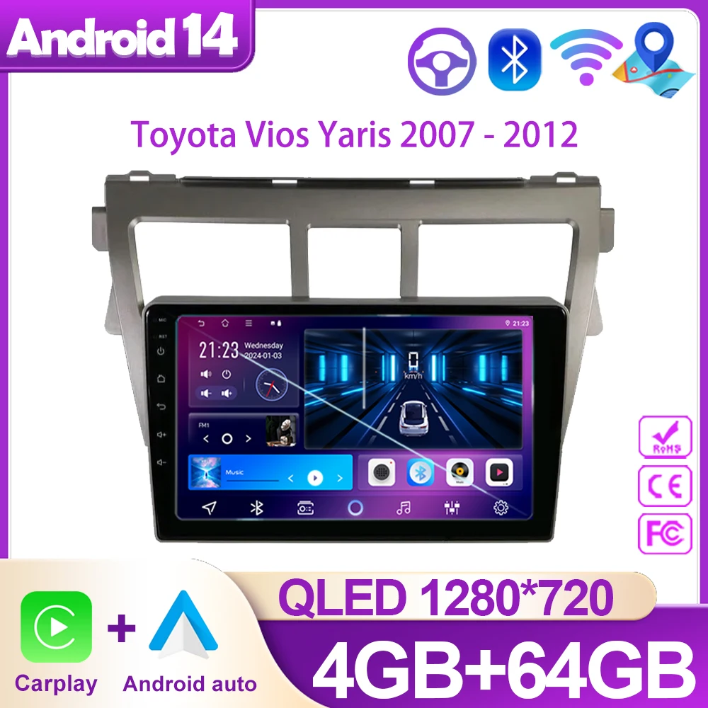 

Для Toyota Vios Yaris 2007 - 2012 видеоплеер Android 14 авто радио 4G навигация Мультимедиа стерео WIFI Carplay No 2din DVD BT