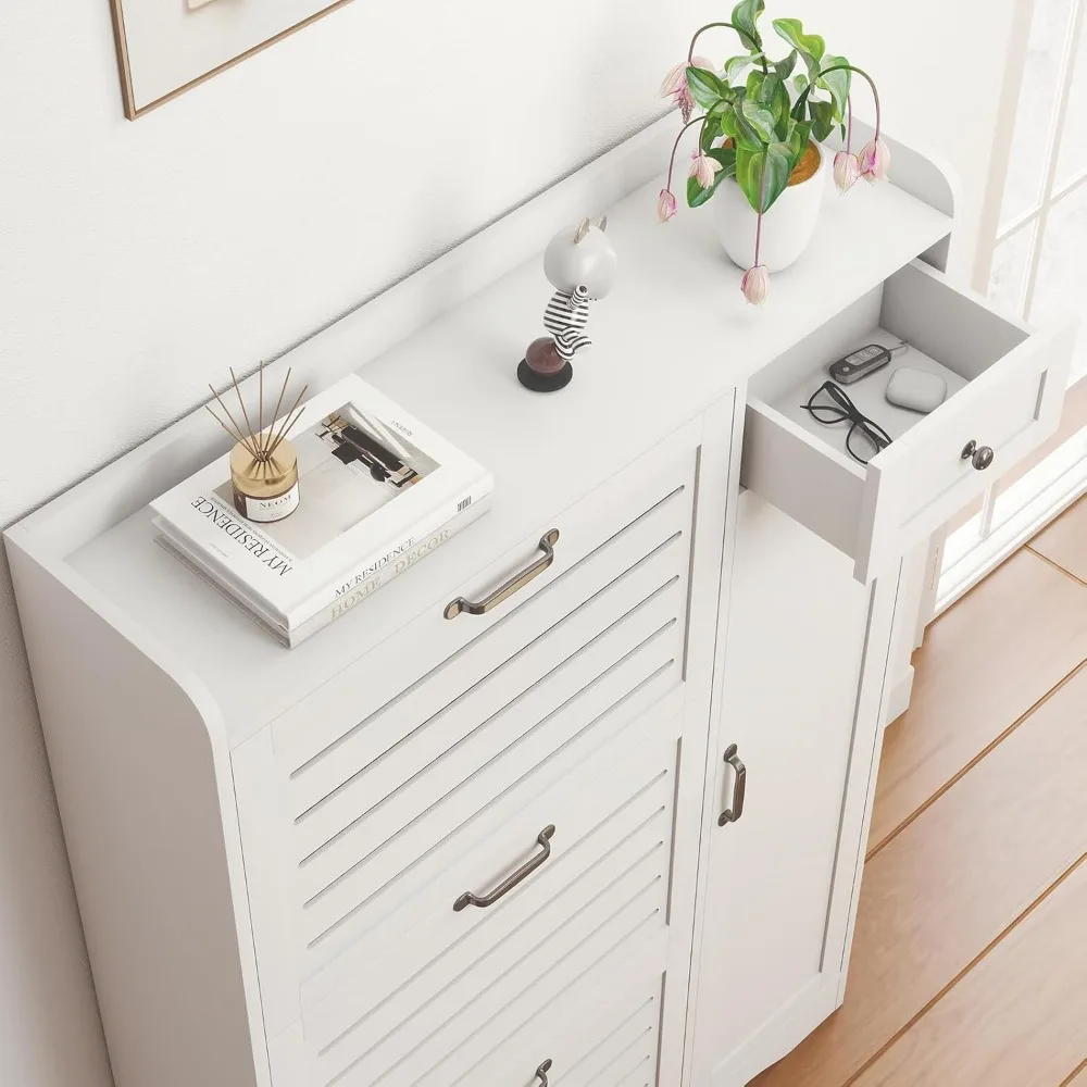 خزانة أحذية مدمجة مع 3 أدراج قابلة للطي، وأرفف قابلة للتعديل، ورف أحذية بباب لتنظيم المدخل والخزانة