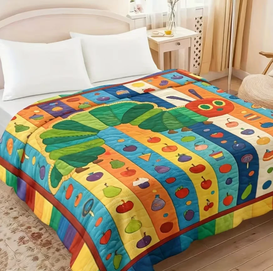 Cozy Soft Flannel Bug Blanket with Vintage Fruit & for CATERPILLAR Design - Multicolor Bedspread or Shawl for All-Season Use