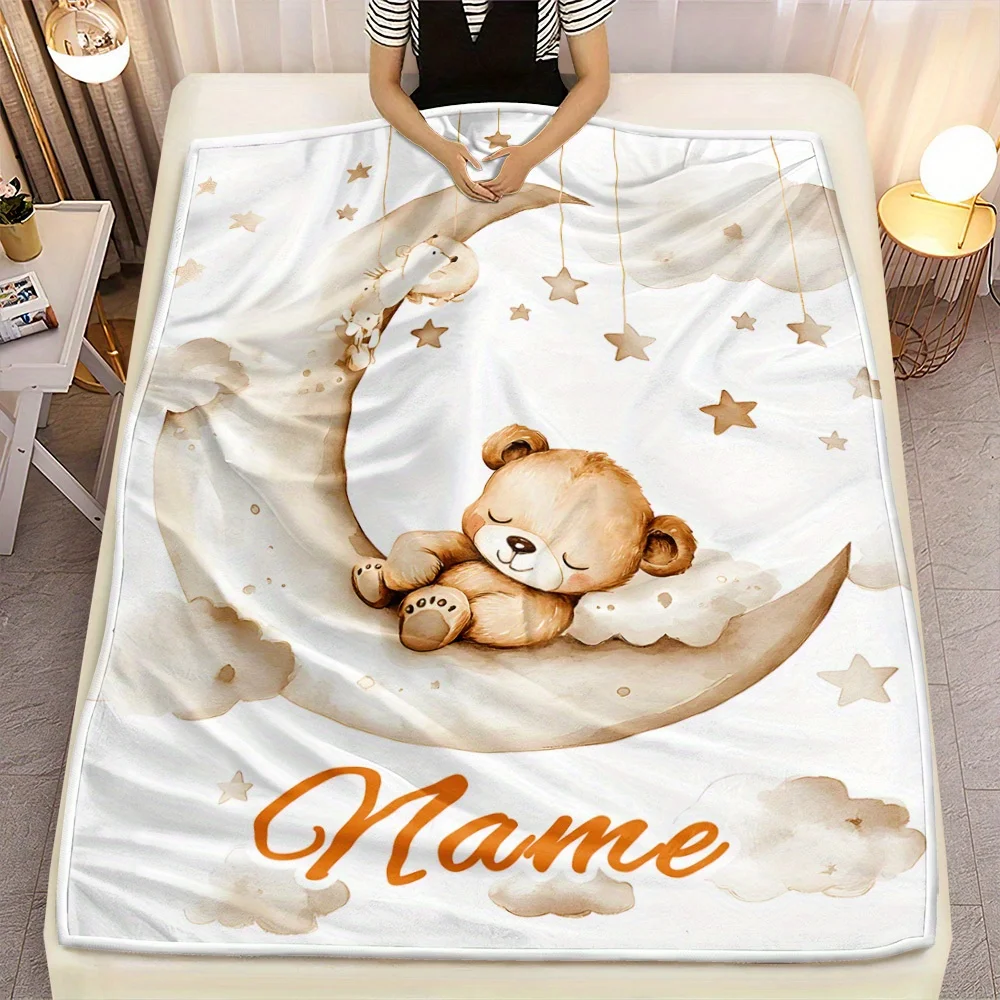1pc Personalized Bear on Moon Throw Blanket - Custom Name, Soft Flannel All-Season Lightweight Blanket for Bed, Sofa, Travel