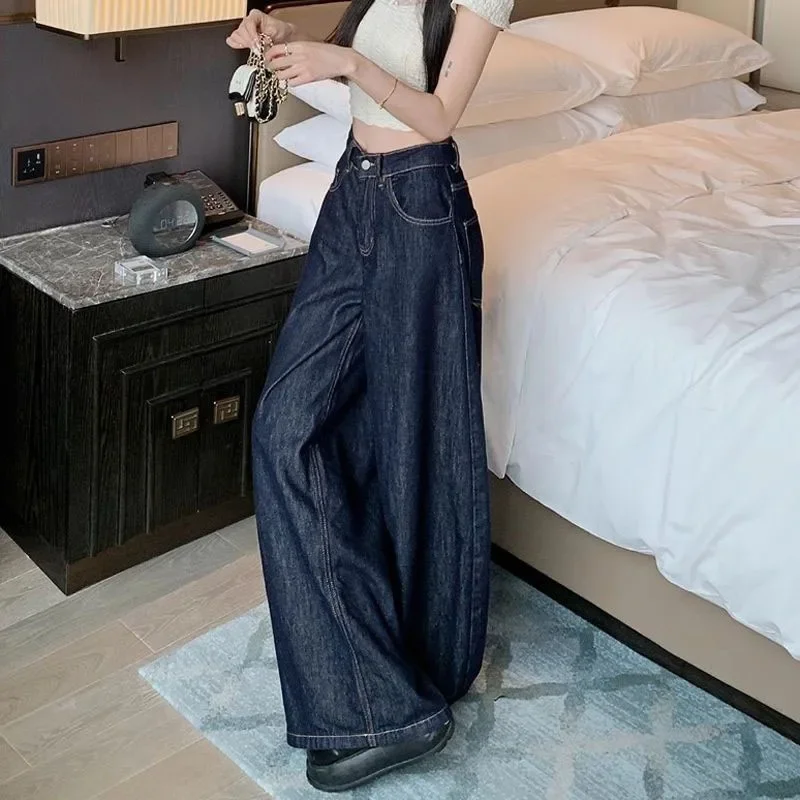 جينز عتيق مغسول بأرجل واسعة للنساء أزرق عميق عالي الخصر فضفاض Y2K من قماش الدنيم بنطلون مستقيم غير رسمي للسيدات