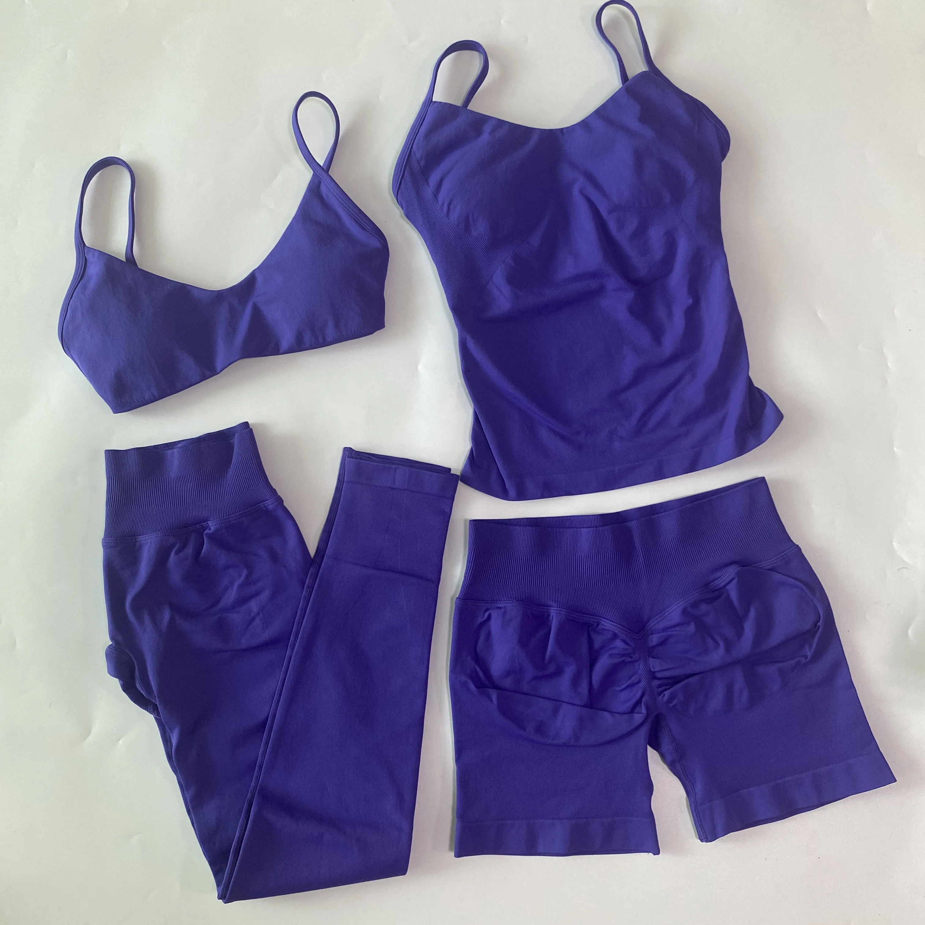4-teiliges Workout-Set für Damen, Top mit Rundhalsausschnitt, Sport-BH, Fitness-Shorts mit hoher Taille, Yoga-Leggings, Gym-Set, Outfits, Sportbekleidung – Detail 6
