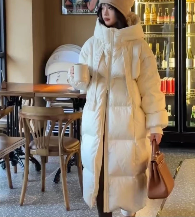 2024 New Winter Women White Duck Down Loose Jacket With Hood Female Thick Warm Outwear Casual Over Size Patchwork Coats