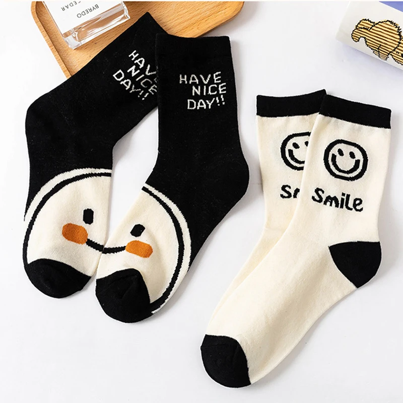 5 Pairs Cartoon Printed Women\'s Short Socks Cute Black White Ankle Socks Spring Autumn Fashionable Sweet Girls\' Mid Length Socks