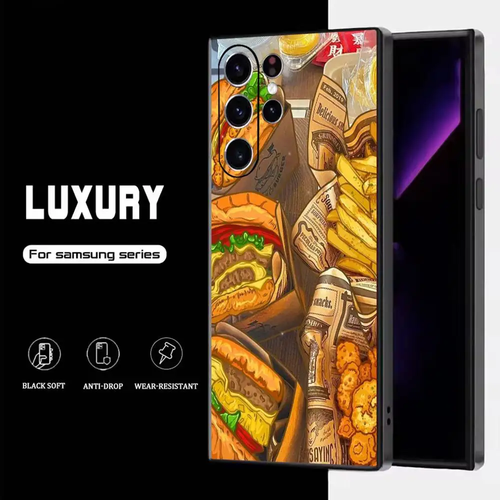 B-Bikini Bottom burgers Fries حافظة هاتف لهاتف سامسونج S25، S24، S23، S22، S21، S20، S10، Ultra، Plus، Lite، FE، غطاء أسود من السيليكون الناعم