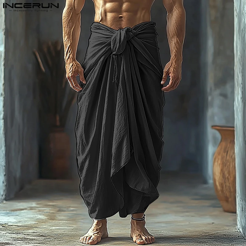 INCERUN Męskie Spodnie Jednolite Kolory Elastyczny Pas Joggers Luźne Sznurowane Spodnie Męskie Streetwear 2025 Plisowane Codzienne Nieregularne Spodnie
