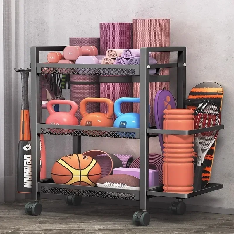 Double Layer Pulley Movable Sports Fitness Equipment Storage Rack Breathable Basket Yoga Mat Foam Shaft Storage