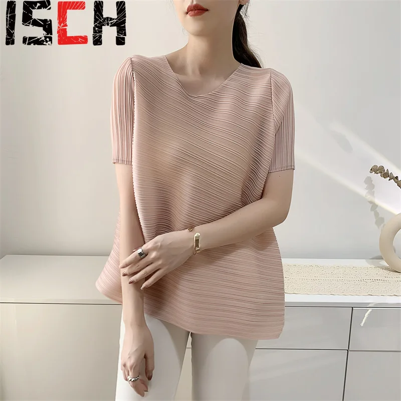 

Pleats Pleated T-shirt 2024 Spring Summer New Pleat Tops Women Irregular T-shirt Short-sleeved Round Neck Casual Pressed Clothes