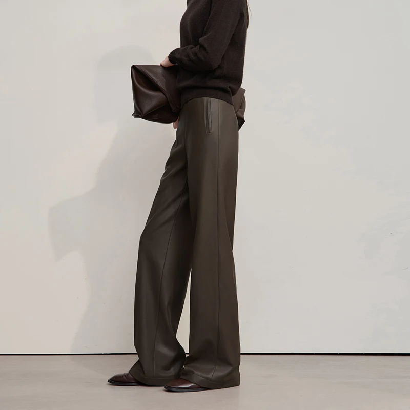 Spodnie AMII Damskie 2025 Zima Nowe Minimalistyczne Dojazdy do Pracy Skóra PU Luźne Spodnie z Szerokimi Nogawkami Casualowe Spodnie Biurowe dla Kobiet 12524063