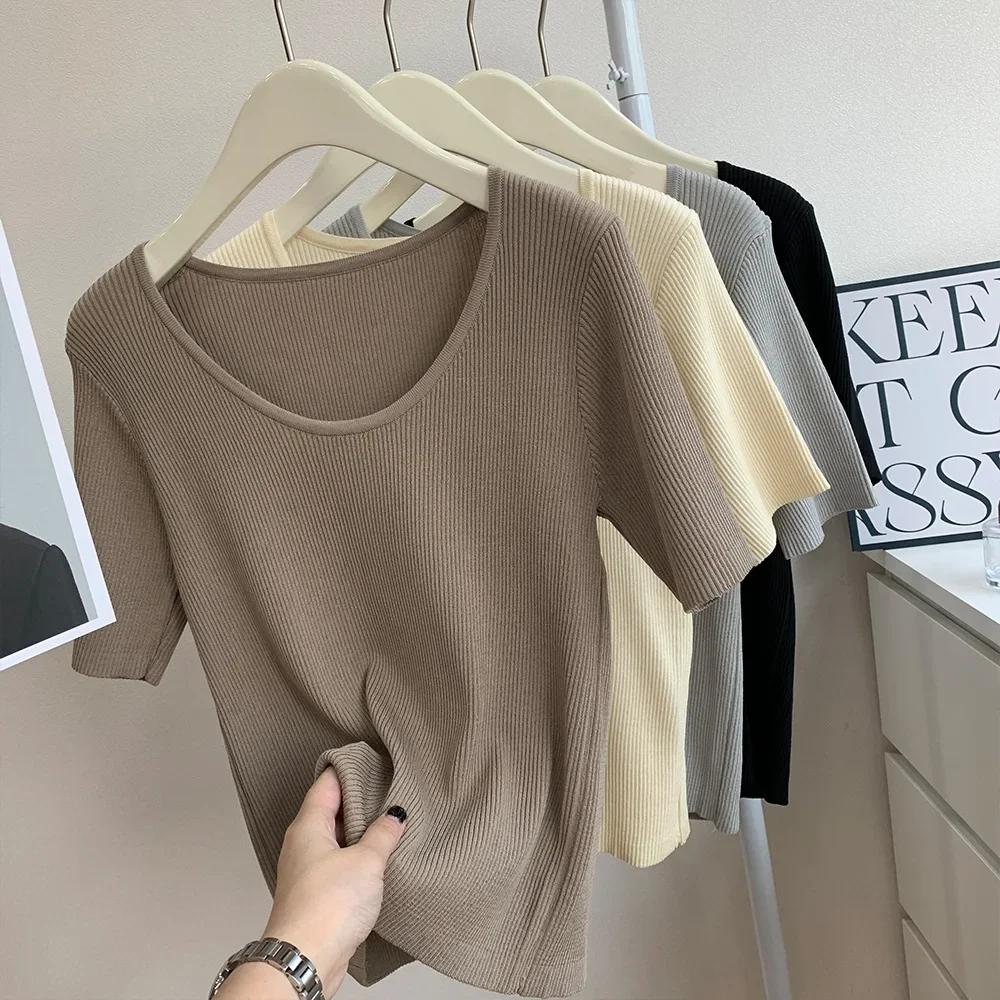 TT024    Short sleeve T-shirt women's summer 2023 new women's open v round neck elastic cotton T-shirt simple solid color