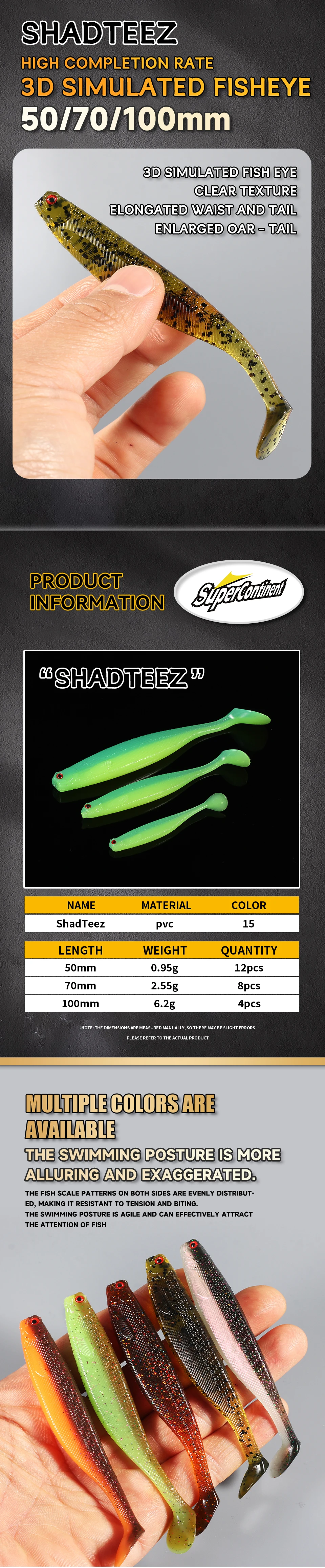 NEU Supercontinent ShadTeez T-Tail 50mm 70mm 100mm Hecht Zander Raubfisch-Angelköder mit 3D-Augen Weicher Köder Angelköder – Detail 1