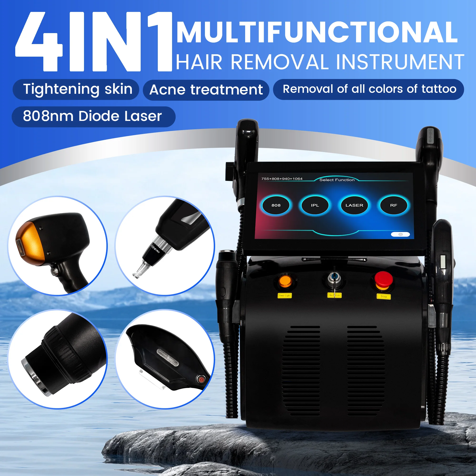 4 in 1 Diode Hair Removal Machine, 755 808 940 1064nm, Pico IPL, Ice Hammer Cooling, Permanent Depilation Device
