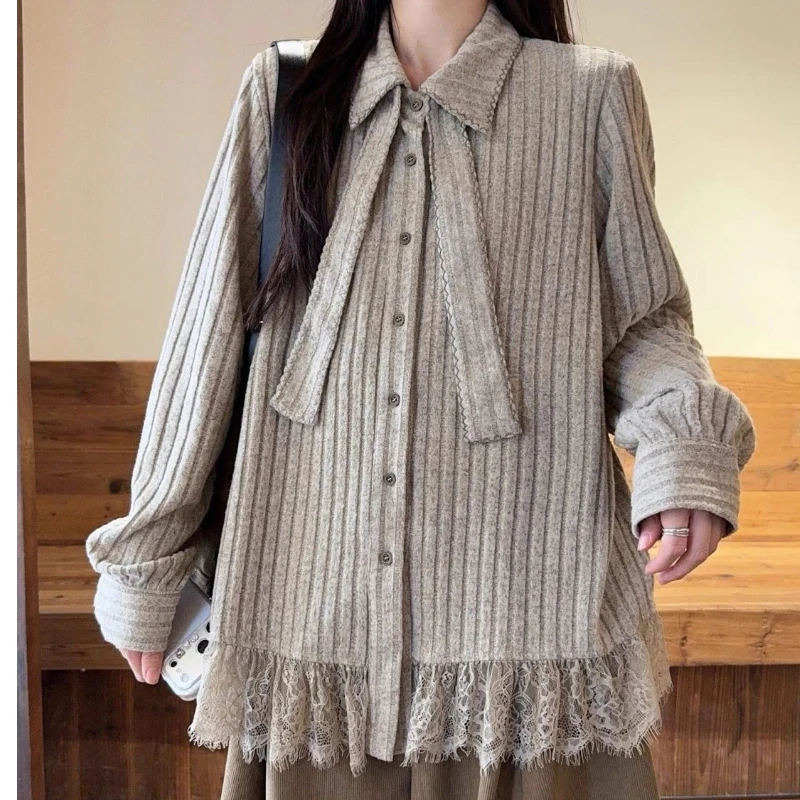 

Elegant Women Shirt With Lace Trim And Bow Collar Loose Fit Mid Length Casual Blouse Sweet Style For Spring Autumn