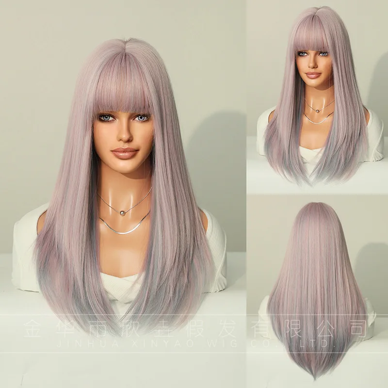 Wigs with long straight hair and dyed rose pink and purple chemical fiber wig wigs