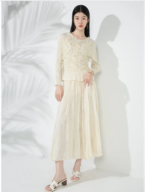 HANGX Miyake الصناعة الثقيلة تنقش مطوي بلوزة نصف الجسم تنورة قطعتين خريف جديد مزاجه بأكمام طويلة قميص تنورة دعوى