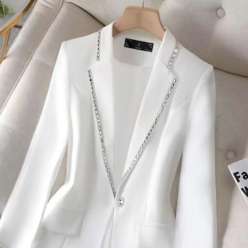 

Fashion Diamond Embedding Suit Coat Female New Women's Spring Summer Autumn Suit Jacket White Black Slim Casual Jacket Tops