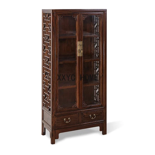 

Modern Chinese Wine Cabinet Living Room Storage Display Cabinet Made of Glass Double Door Furniture Elm Cabinet