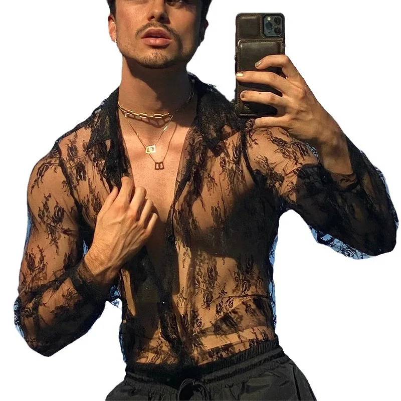 Vintage Lace Florals Mens Shirts Sexy Transparent See Through Breathable Mesh Shirt Party Fashion Mens Long Sleeve Shirts