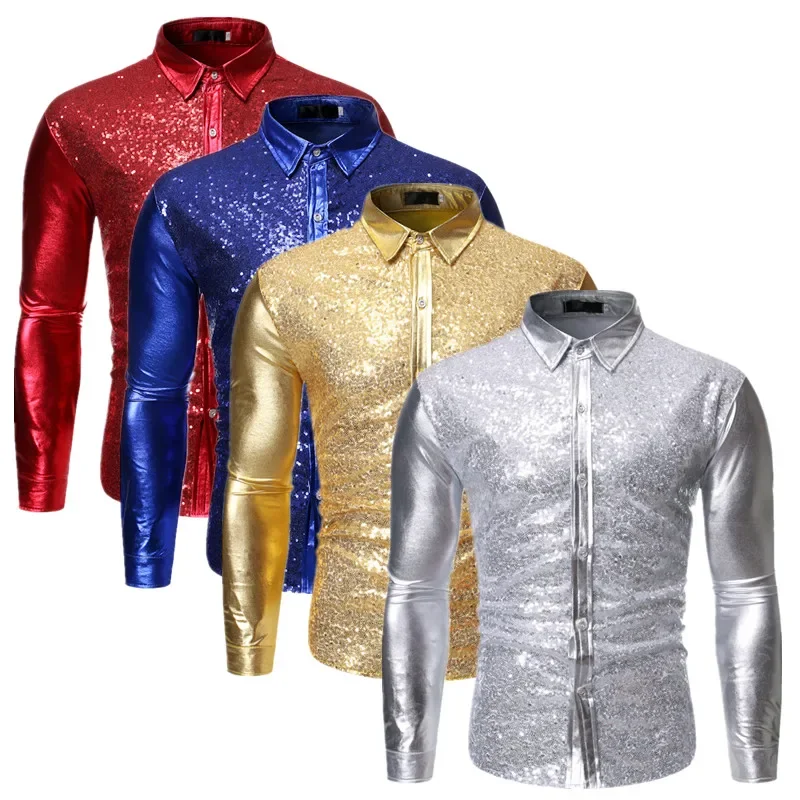 Silver Men Bar KTV Dance Party Sequin Shirts, Gold  / Red Fashion Singer Stage Performance Dress Patchwork Shirt.
