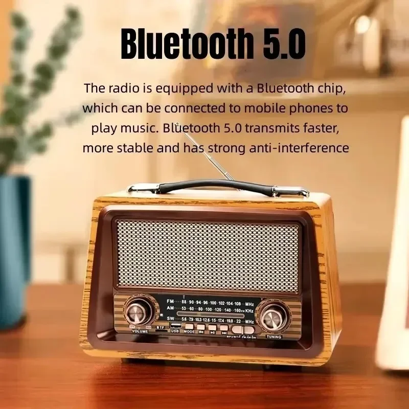 Luxury Retro Wooden Bluetooth Speaker 3 Bands Radio FM AM SW Portable HIFI Stereo Family Audio TF Card U Disk MP3 Music Player