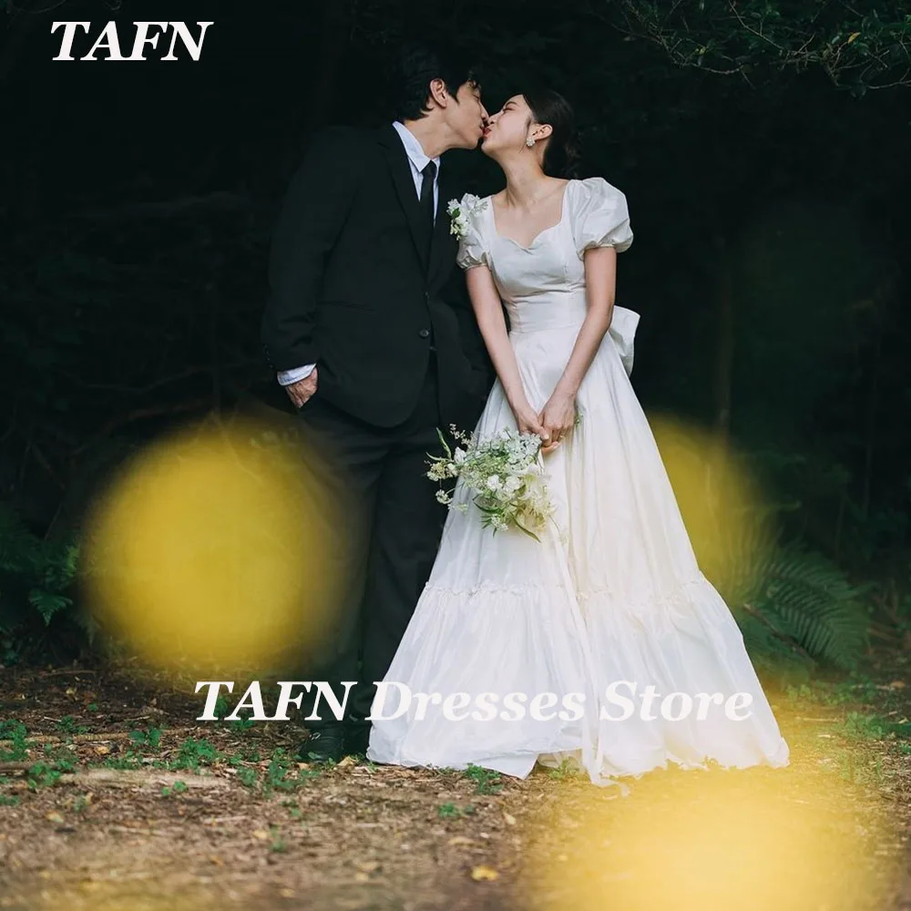 

TAFN Korea Simple Wedding Reception Dresses A-line Draped Short Sleeves Photo Shoot Dresses Evening Dress Custom Made