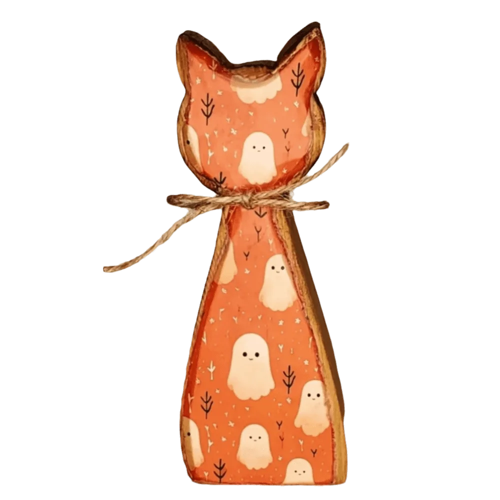 Vintage Wooden Cat Shaped Tray Double Sided Pattern Cartoon Halloween Cat Desktop Decoration Cat Statue Rustic Style