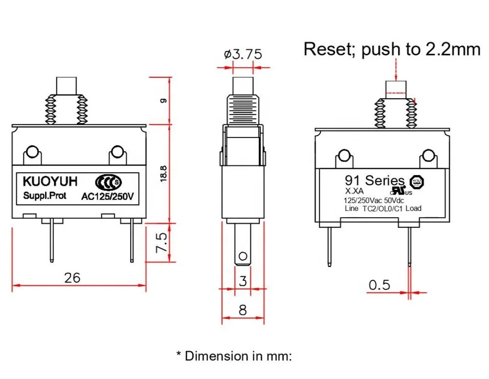 Kuoyuh 91 series 0.5A dyson spare parts metal nut reset switch electronic circuit breaker