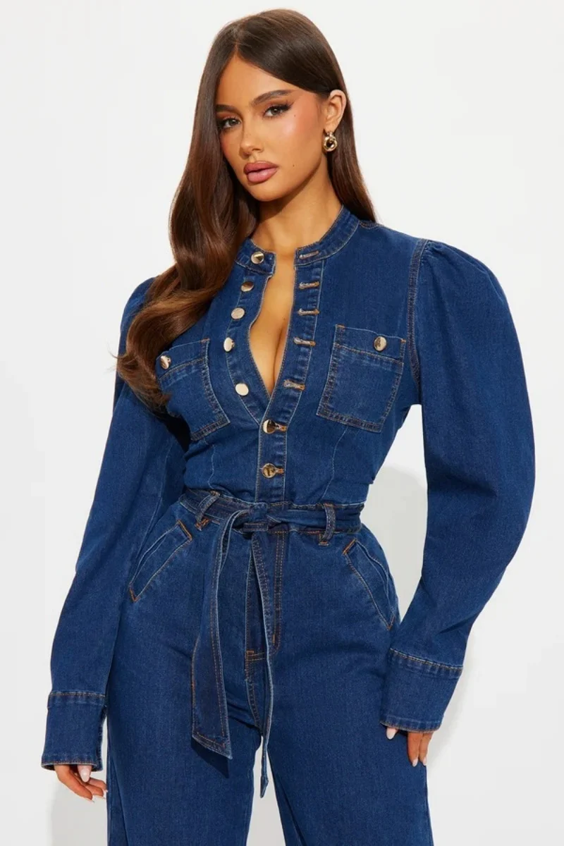 

Vintage Denim Jumpsuit Spring Clothes Women Long Sleeve O-Neck Straight Jeans Rompers Playsuits Cowboy One Piece Outfit Overalls